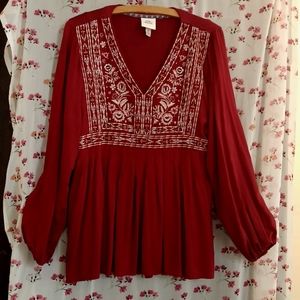 Cranberry Red Boho Top  Embriodered Yoke Long Sleeves by Knox Rose Women's M